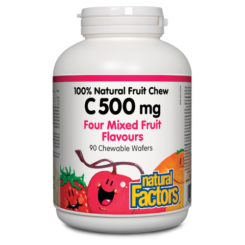 C 500 mg 100% Natural Fruit Chew 500 mg 90 Chewable Wafers Four Mixed Fruit Flavours