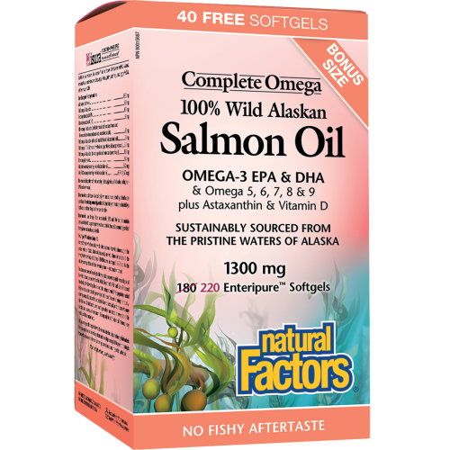 Natural Factors Complete Omega 100% Wild Alaskan Salmon Oil  1300 mg  220 Enteripure® Softgels
